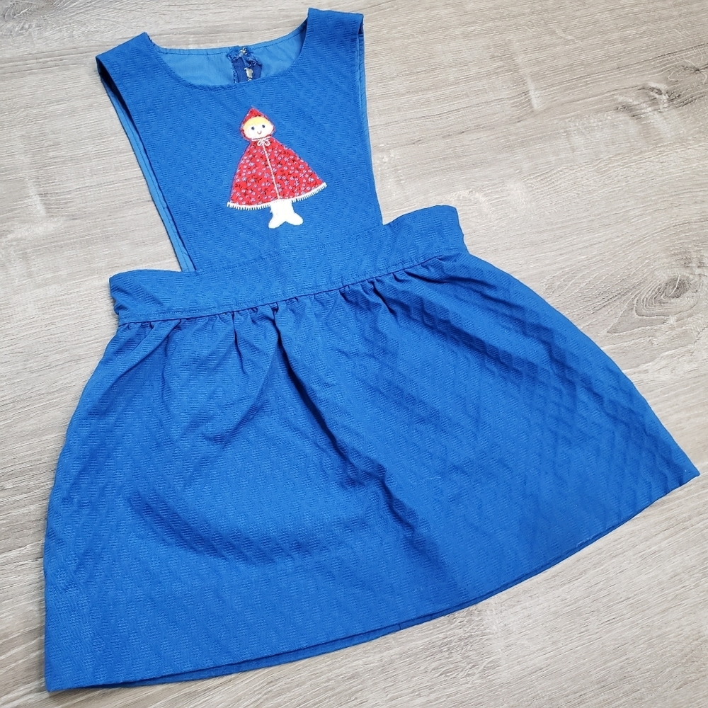 VINTAGE 1960s Pinafore Little Girl Applique Blue Jumper Dress Retro 3T